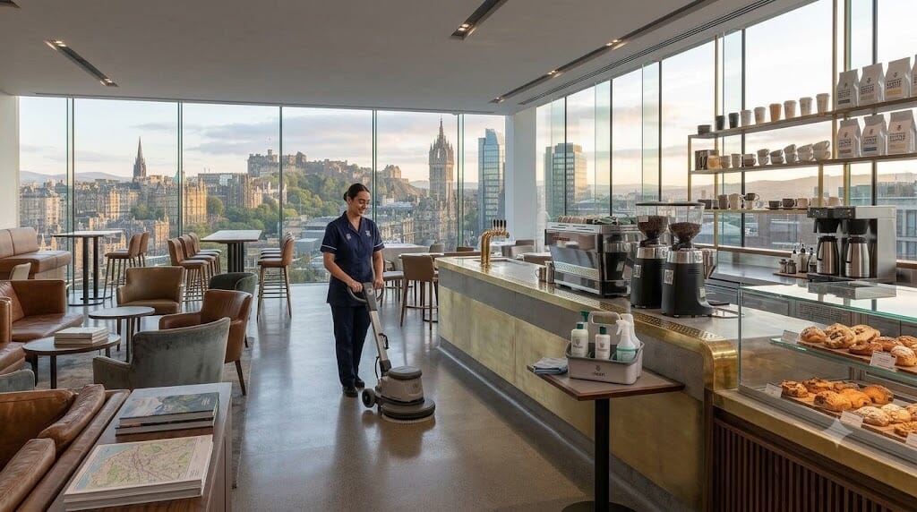 Maundy Clean uniformed café and coffee shop cleaning team resetting a Scottish speciality coffee bar before opening
