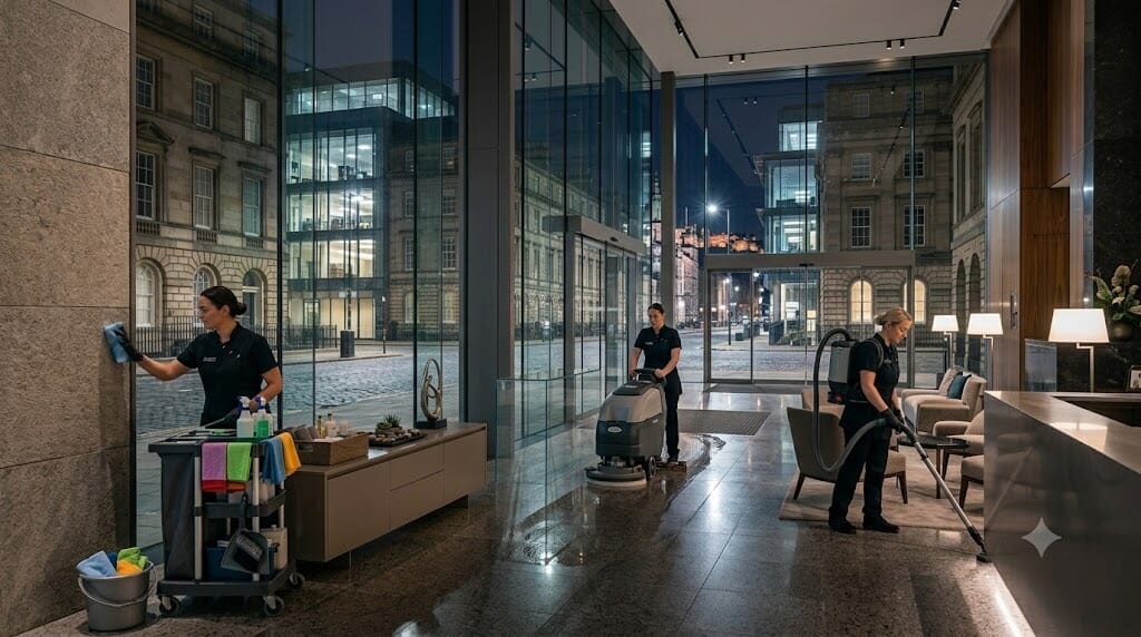 Maundy Clean PVG-checked, vetted night crew performing nightly janitorial duties — desk wiping, floor care, washroom deep clean and kitchenette reset — in a Scottish corporate office after hours