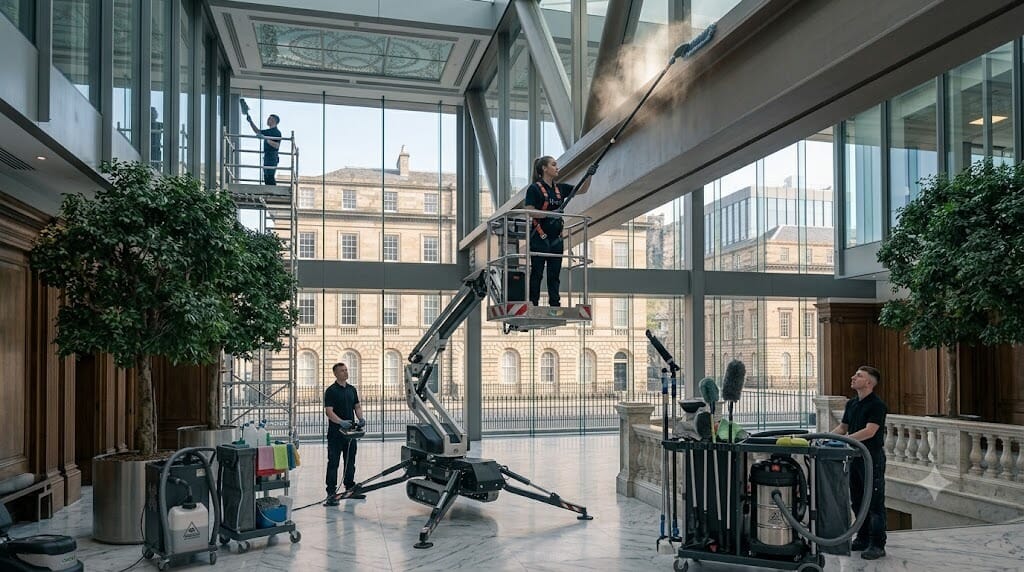 Maundy Clean high-level dusting specialist using MEWP cherry-picker access and HEPA H-class vacuum to remove dust from ceiling beams, ductwork, and high-mounted light fittings in a Scottish commercial property