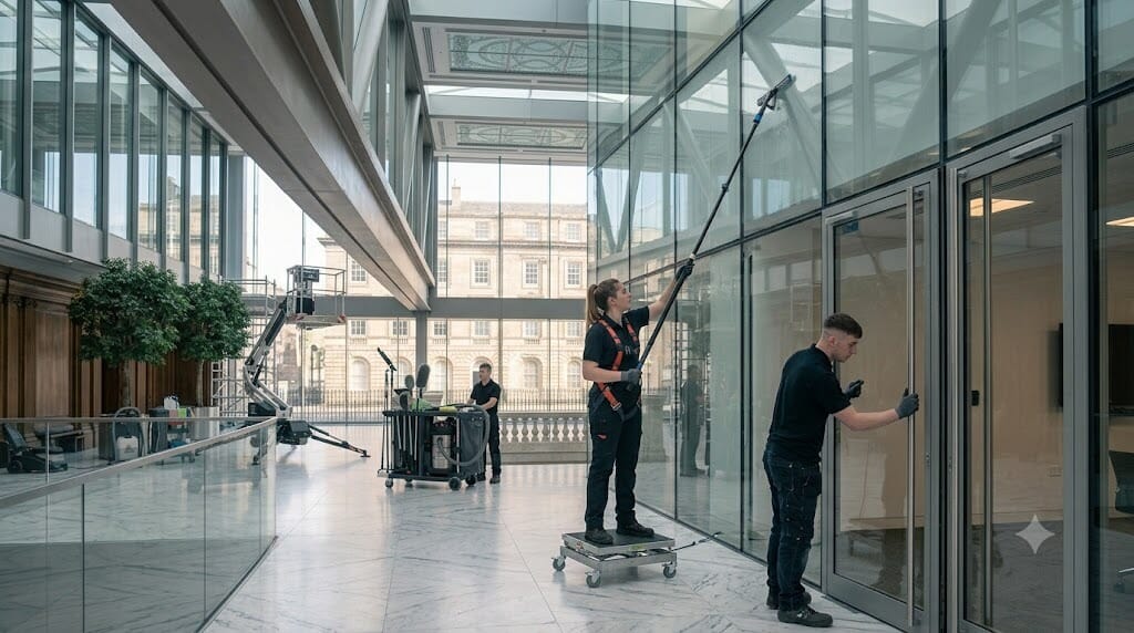 Maundy Clean glass partition cleaning specialist squeegeeing a frameless internal glass partition to a streak-free crystal-clear finish in a Scottish commercial office